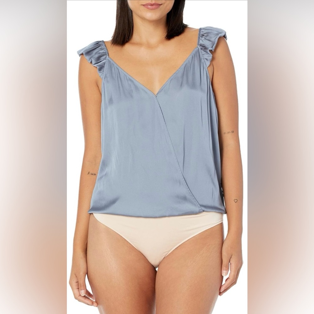 BNWT PAIGE-Lunah Bodysuit V-Back Thong Ruffled Cap Sleeve in Flint Blue Sz XL